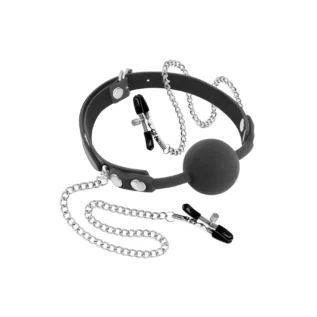Кляп з силіконовою кулькою і затискачами для сосків Fetish Tentation Gag Ball with Nipple Clamps