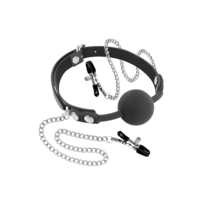 Кляп з силіконовою кулькою і затискачами для сосків Fetish Tentation Gag Ball with Nipple Clamps