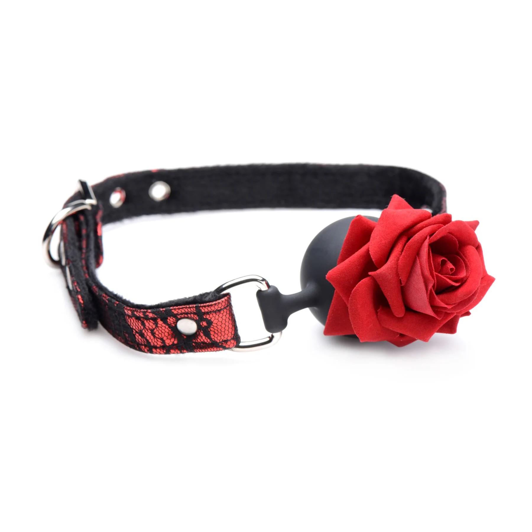 Кляп з трояндою Master Series: Eye-Catching Ball Gag With Rose чорно-червоний 4 Кляп з трояндою Master Series: Eye-Catching Ball Gag With Rose чорно-червоний - Зображення 2