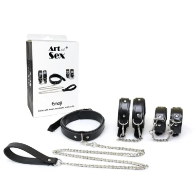 Зображення Набір BDSM Art of Sex - Emoji, наручники, поножі, нашийник з повідцем, екошкіра, чорний