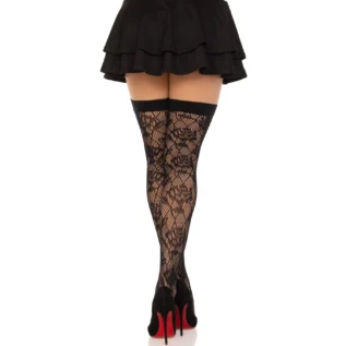 Alternative view of Панчохи Leg Avenue Wild rose net thigh highs, One Size, чорні, широка резинка, малюнок-троянди