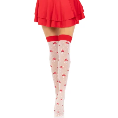 Зображення Панчохи Leg Avenue Polka Dot Mushroom Thigh Highs, One Size, біло-червоні, на резинці, малюнок — гриби