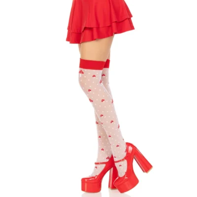 Зображення Панчохи Leg Avenue Polka Dot Mushroom Thigh Highs, One Size, біло-червоні, на резинці, малюнок — гриби