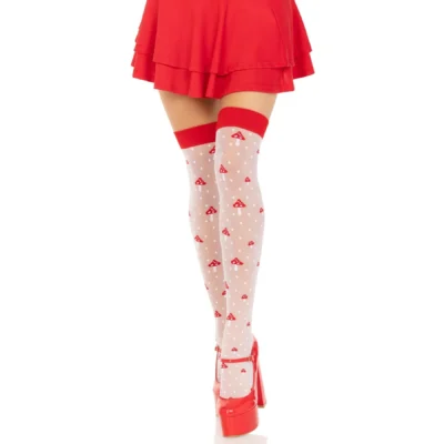 Зображення Панчохи Leg Avenue Polka Dot Mushroom Thigh Highs, One Size, біло-червоні, на резинці, малюнок — гриби
