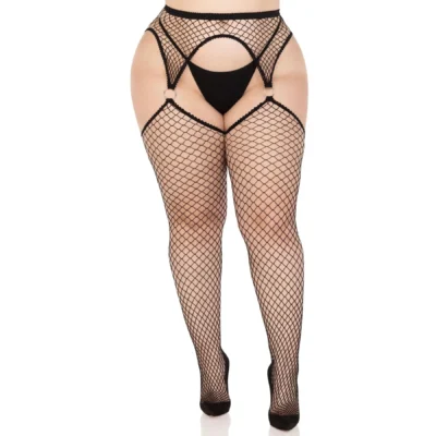 Панчохи Leg Avenue Stokings with O-ring Attached Garter Belt, 1X/2X, чорні, у сітку, імітація пояса