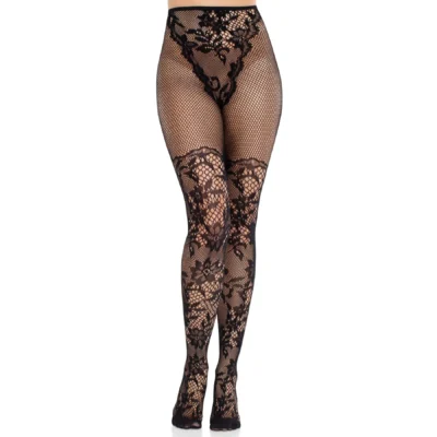 Зображення Колготки Leg Avenue Dahlia Lace Tights with Net Thigh Detail One Size