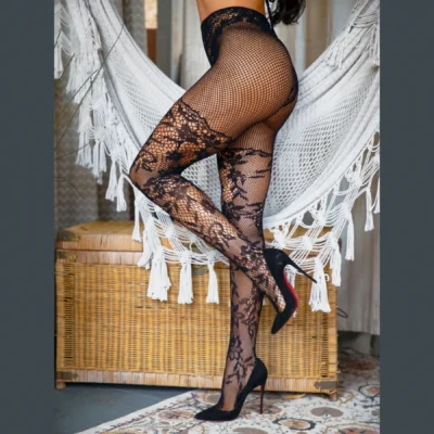 Зображення Колготки Leg Avenue Dahlia Lace Tights with Net Thigh Detail One Size