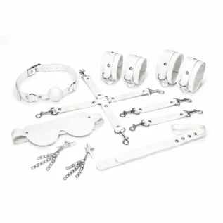Набір Feral Feelings BDSM Kit 7 White, наручники, поножі, конектор, маска, падл, кляп, затискачі