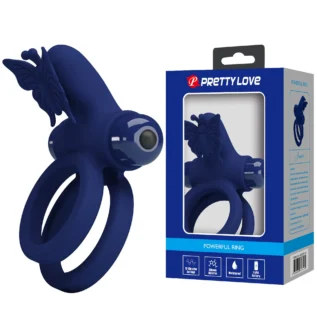 Ерекційне віброкільце подвійне PRETTY LOVE Powerful Ring Jamele з метеликом, 10 режимів, синє