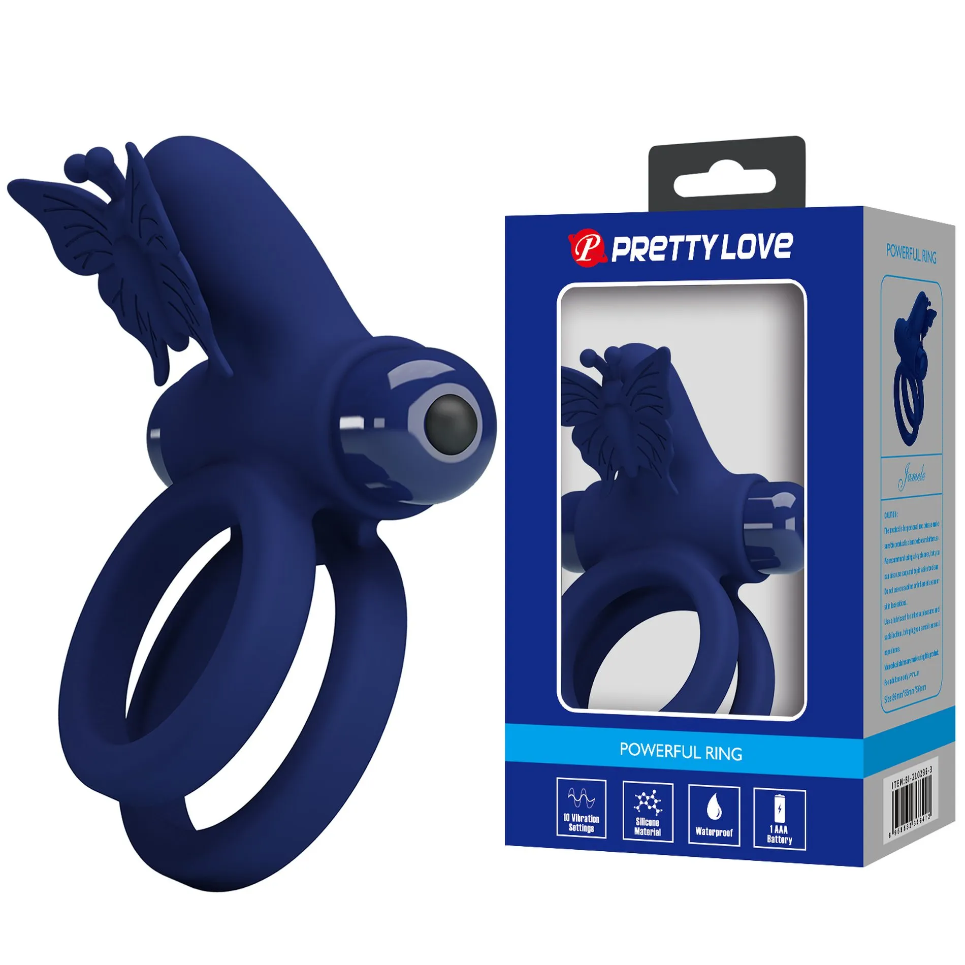 Ерекційне віброкільце подвійне PRETTY LOVE Powerful Ring Jamele з метеликом, 10 режимів, синє 3 Ерекційне віброкільце подвійне PRETTY LOVE Powerful Ring Jamele з метеликом, 10 режимів, синє